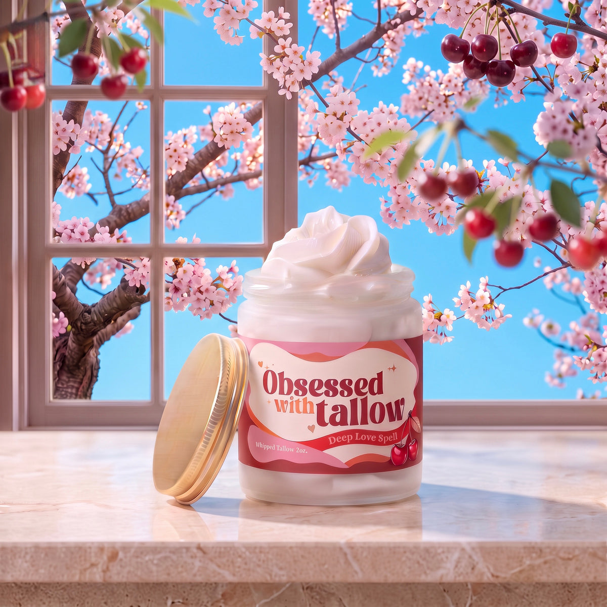 "Deep Love Spell" Peach/Cherry Blossom Whipped Tallow Glass Jar