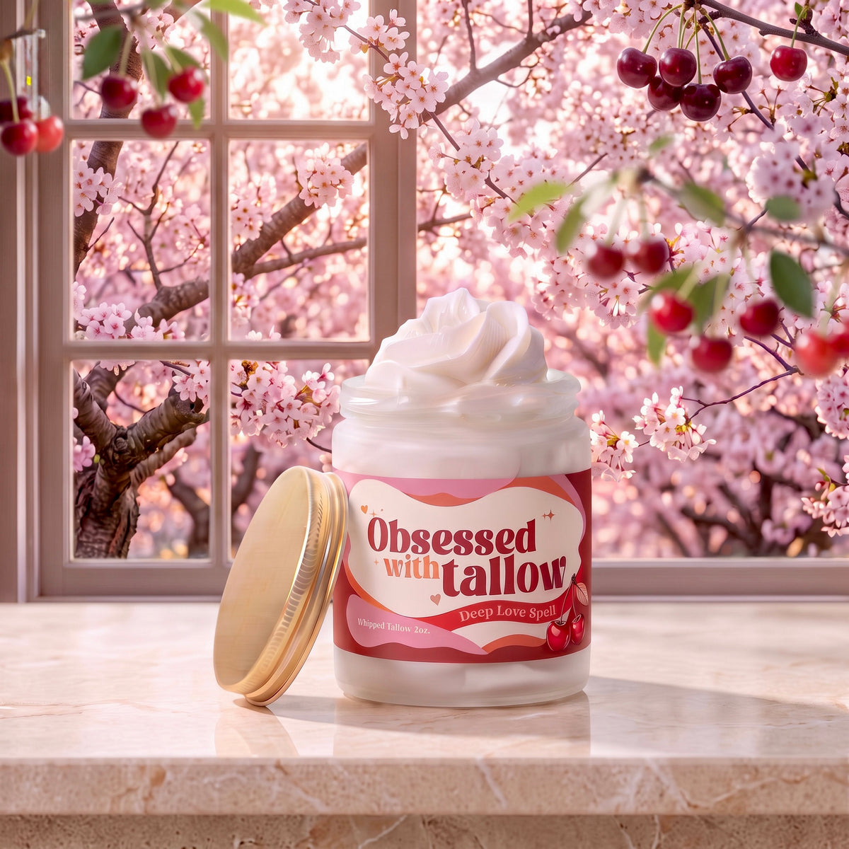 "Deep Love Spell" Peach/Cherry Blossom Whipped Tallow Glass Jar